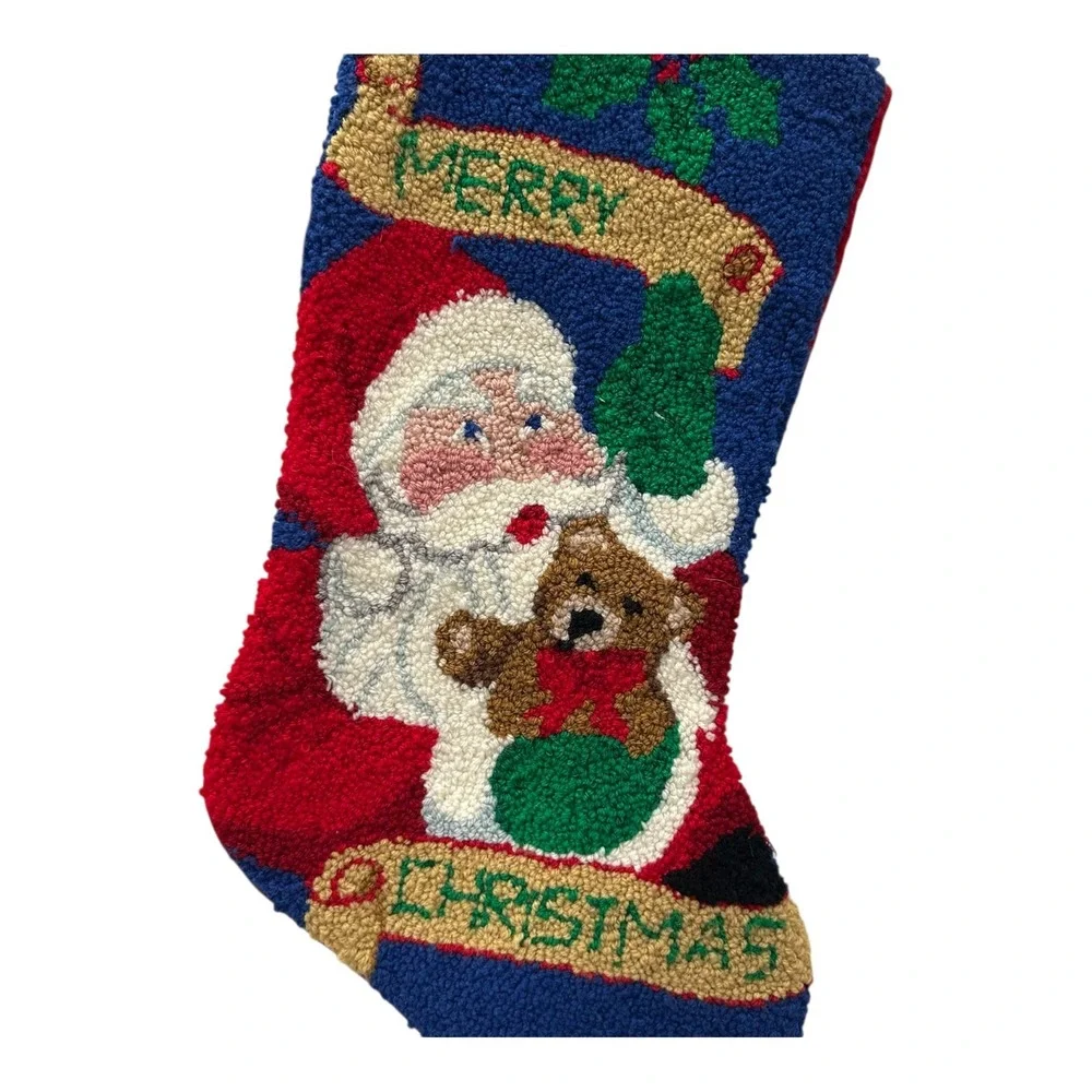 Christmas Stockings Lot‎ Of 2 Wool NeedlePunch Santa Claus & Teddy Bear Velvet